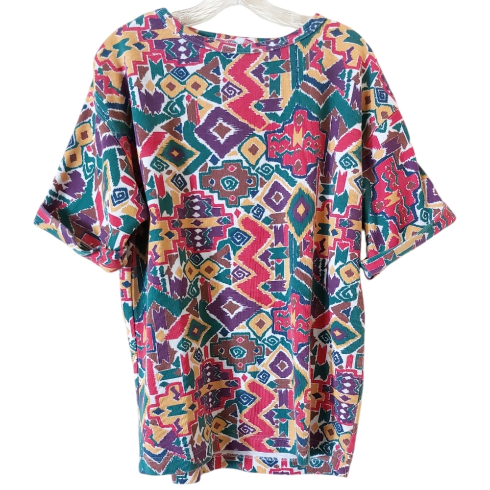 Vtg 90s Huntington Ridge Colorful Red Yellow Abstract Print Short Sleeve Shirt